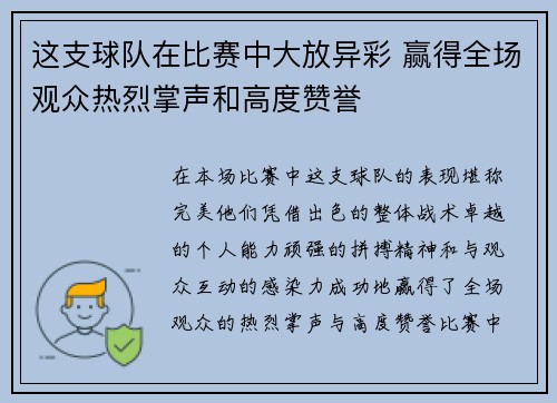 这支球队在比赛中大放异彩 赢得全场观众热烈掌声和高度赞誉