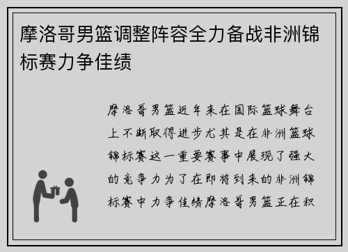 摩洛哥男篮调整阵容全力备战非洲锦标赛力争佳绩