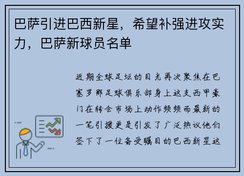 巴萨引进巴西新星，希望补强进攻实力，巴萨新球员名单