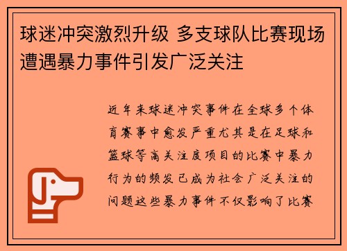 球迷冲突激烈升级 多支球队比赛现场遭遇暴力事件引发广泛关注